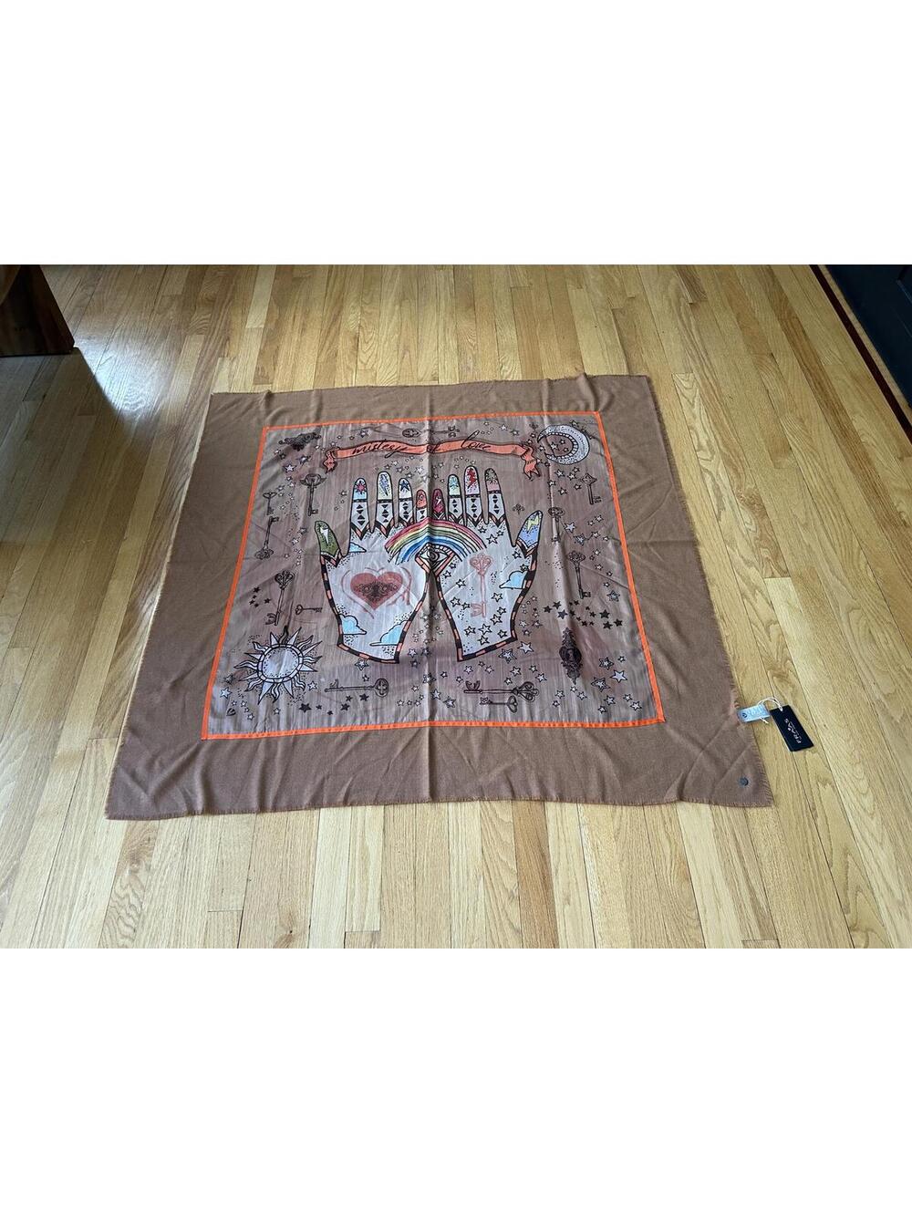 Fraas Brown Scarf with Artistic Hand and Rainbow Design